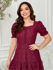 Lese Cotton Mesh Midi Dress Square Neckline Party Wedding - Redwood - View 4