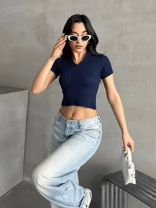 OYGA 女士条纹圆领短袖休闲修身衬衫 - 藏蓝色 - 查看 2