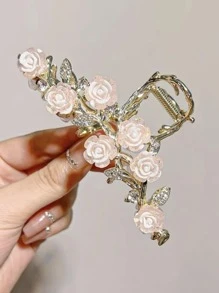 1 Peça Presilha Decorativa de Cabelo de Estilo Elegante em Liga de Metal Preta com Rosa para Coque, Estilo Minimalista e de Luxo, Presilha de Cabelo para Uso Diário, Grampos de Cabelo, Grampo de Cabelo, Pinças de Cabelo, Clipe de Cabelo