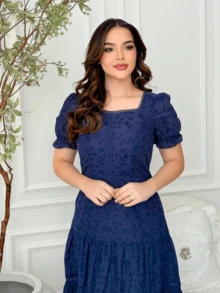 Lese Cotton Mesh Midi Dress Square Neckline Party Wedding - Navy Blue - View 3