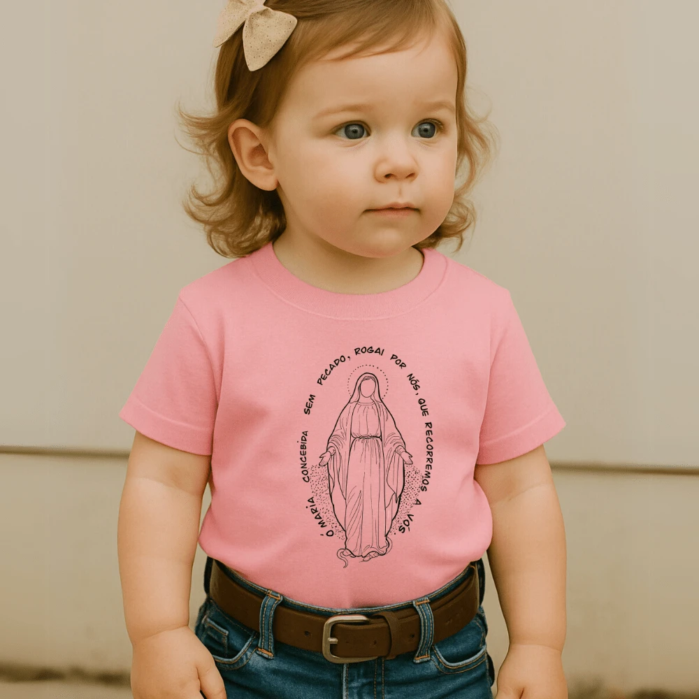 Children's Cotton T-Shirt Print Our Lady Of Graces Catholic Devotional Cute Children's Agro Country Girl Cowgirl - 淺粉色 - 查看 1