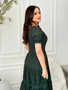 Lese Cotton Mesh Midi Dress Square Neckline Party Wedding - Army Green - View 3