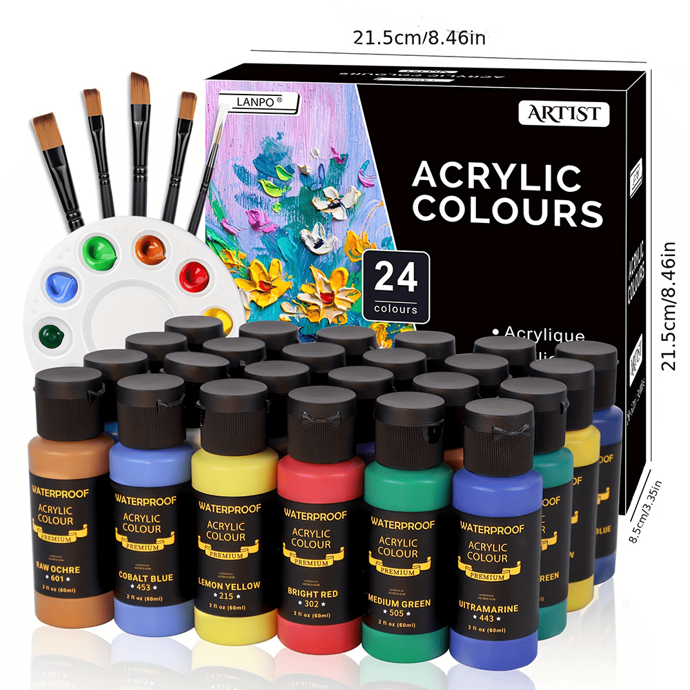 Conjunto de pintura acrílica com 24 cores, tintas acrílicas coloridas, frascos de 60 ml/2 oz, com 5 pincéis, 1 esponja e 1 paleta, sem desbotamento, pigmento rico, para artistas e adultos, tintas em pedras, artesanato, tela, madeira, tecido, cerâmica e pedra, 12/24 cores, tinta acrílica de 12 ml