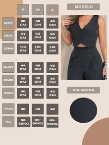 Women's Casual Two Piece Suit With Front Button Vest And Buttons At Waist, Side Casual Wide Leg Pants - màu đen - Xem 6