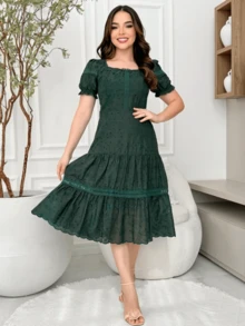 Lese Cotton Mesh Midi Dress Square Neckline Party Wedding - Army Green - View 1