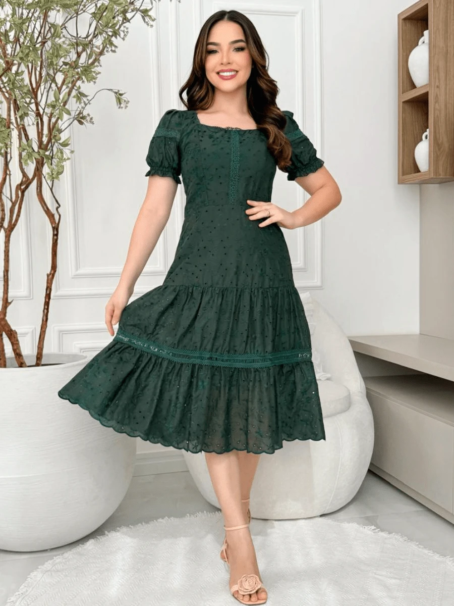 Lese Cotton Mesh Midi Dress Square Neckline Party Wedding - Army Green - View 1