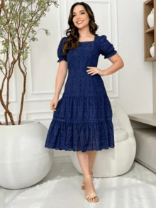 Lese Cotton Mesh Midi Dress Square Neckline Party Wedding - Navy Blue - View 1