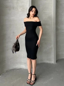 OYGA Vestido minifalda ajustado de punto acanalado de cuello redondo de unicolor para mujer