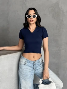 OYGA 女士条纹圆领短袖休闲修身衬衫 - 藏蓝色 - 查看 5