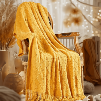 1 件法式几何针织盖毯 - 芥末黄和白色，带流苏饰边，适合沙发、卧室四季装饰，法式乡村魅力，编织纹理