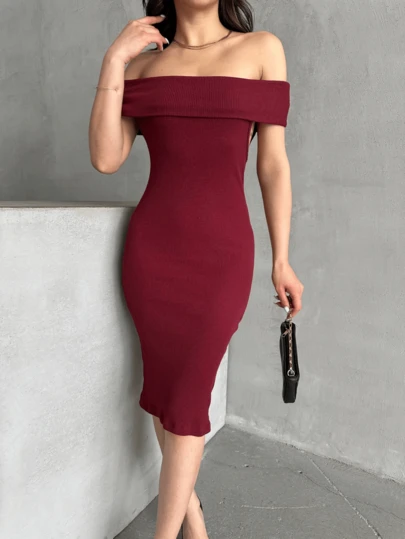 OYGA Women Solid Color Round Neck Rib Knit Bodycon Mini Slip Dress