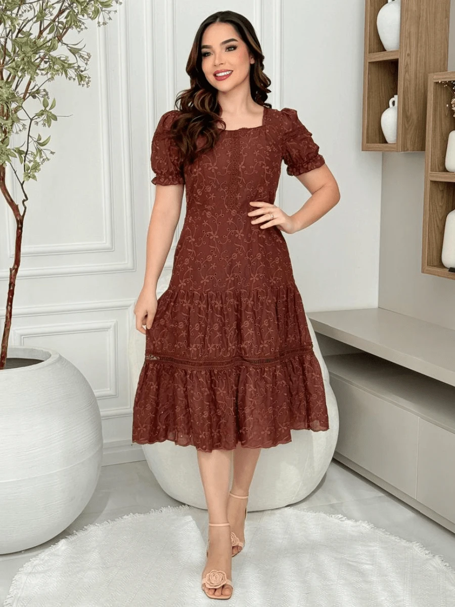 Lese Cotton Mesh Midi Dress Square Neckline Party Wedding - Rust Brown - View 1