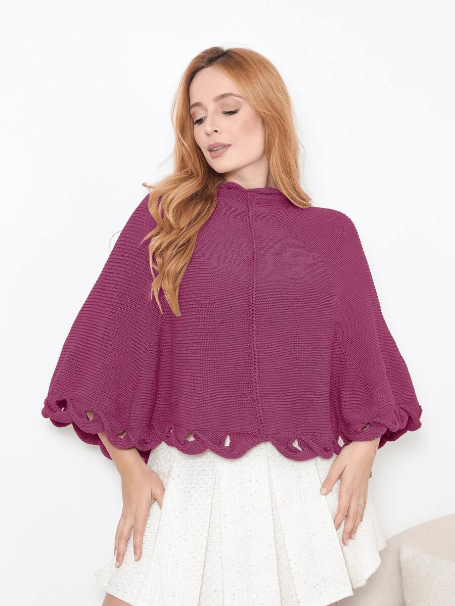 Women's Poncho Coat Knit Cape Elegant Blouse Winter Cold Warm Marrie Knit - 玫瑰紅 - 查看 1