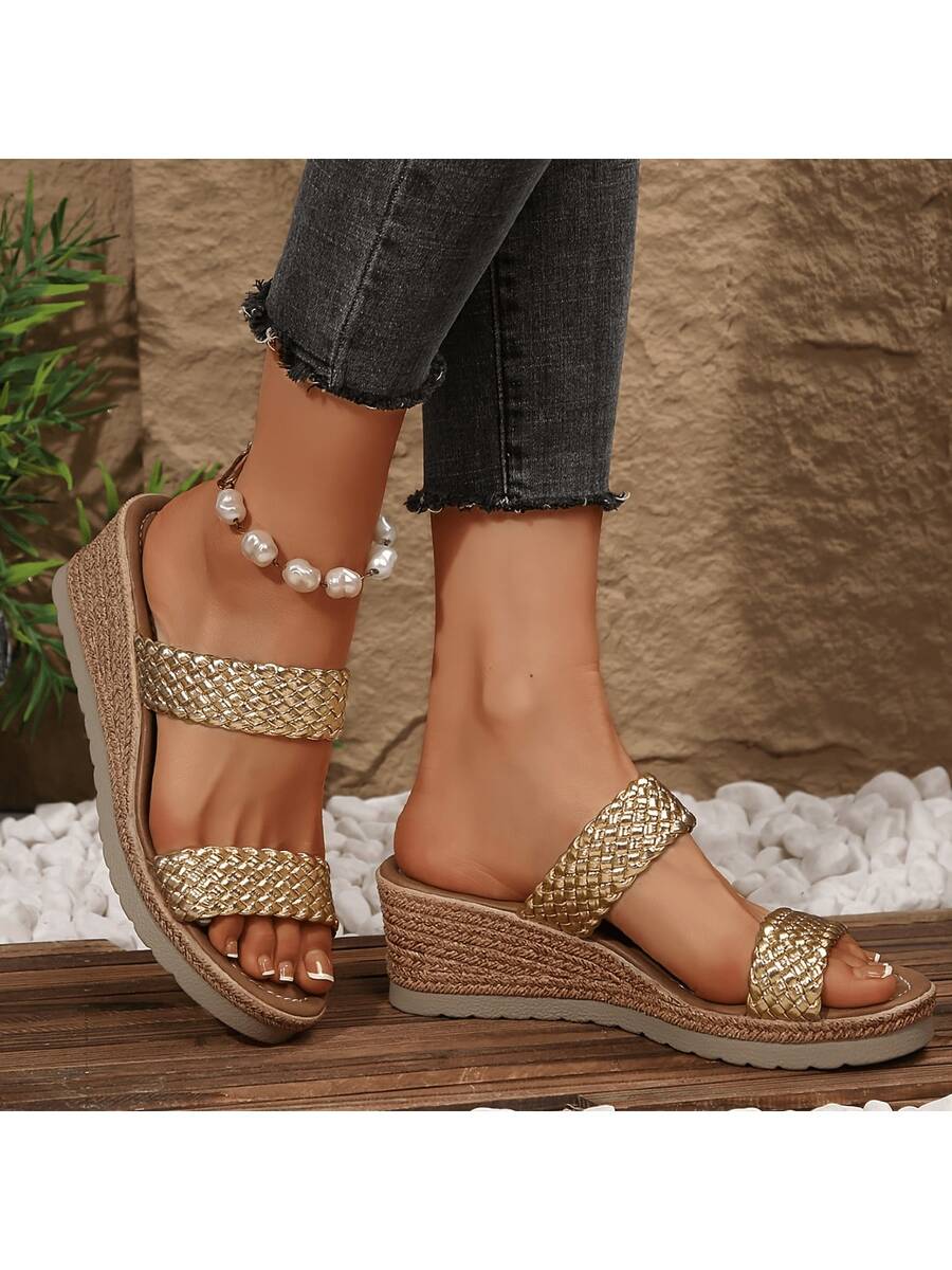 Sandal đế xuồng dệt trang trí màu vàng mới năm 2026 dành cho nữ, kiểu dáng nghỉ mát mùa hè, quai ngang, hở mũi, đế dày, thích hợp cho hẹn hò, mua sắm, đi làm, đi biển. - Màu vàng - Xem 1