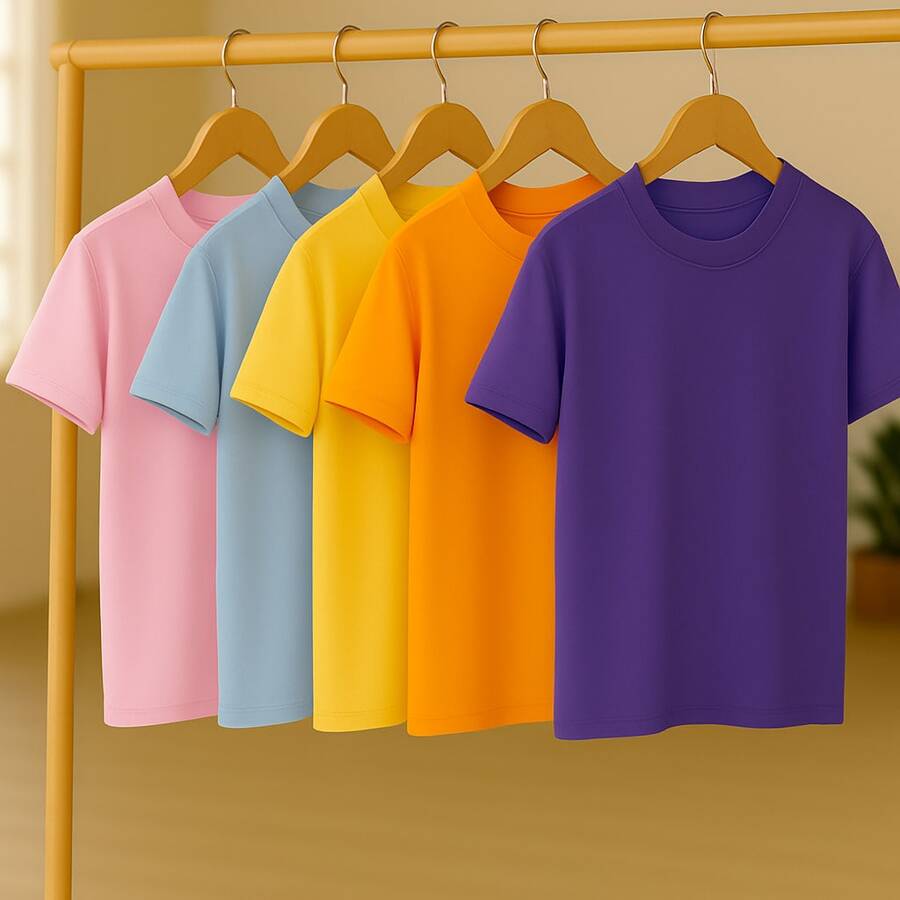 KIT 5 Basic Plain T-Shirts 100% Cotton 30.1 Unisex - 淡粉紅色+淡藍色+橘色+黃色+紫色 - 查看 1