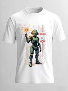Cyberpunk Robot 'Future Is Now' Glitch Art T-Shirt - Tech Futuristic Tee - White - View 2