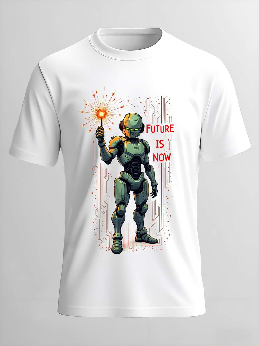 Cyberpunk Robot 'Future Is Now' Glitch Art T-Shirt - Tech Futuristic Tee