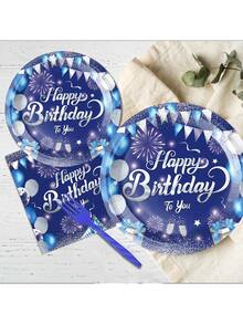 80pcs Party Supplies Set For 20 People, Navy Blue Balloon Pattern Winter Limited Edition Party Set Includes 7"/9" Party Plates, Napkins, Cups, Suitable For Birthday, Christmas, Halloween Parties, Family Gatherings, Picnics - Multicolor - View 3