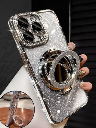 Luxury Electroplated Silver Phone Case With Makeup Mirror Stand, Decorated With Shiny Rhinestones, Made Of Silicone Material, Shock-Proof And Drop-Resistant, Compatible With IPhone 16/16e/16 Pro/16 Pro Max/16 Plus/15/14/13/12/11/X/XS/XR/8/7 And Galaxy S25/S24/S23/S22/S21/A55/A54/A53/A52/A35/A34/A23/A16/A15/A14/A13/A12/A05S/FE/Ultra/4G/5G, As Well As Redmi/Honor/MOTO/OPPO/Infinix Phones