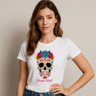 Blusa Tshirt Feminina Basica Moda Rock Caveira Floral 100% Algodão