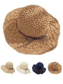 1 pieza Sombrero de paja de moda para mujer, sombrero de verano tejido a mano, ala ancha, estilo coreano, correa con lazo plegable, sombrero protector solar para playa y pesca, accesorio de viaje y vacaciones como regalo