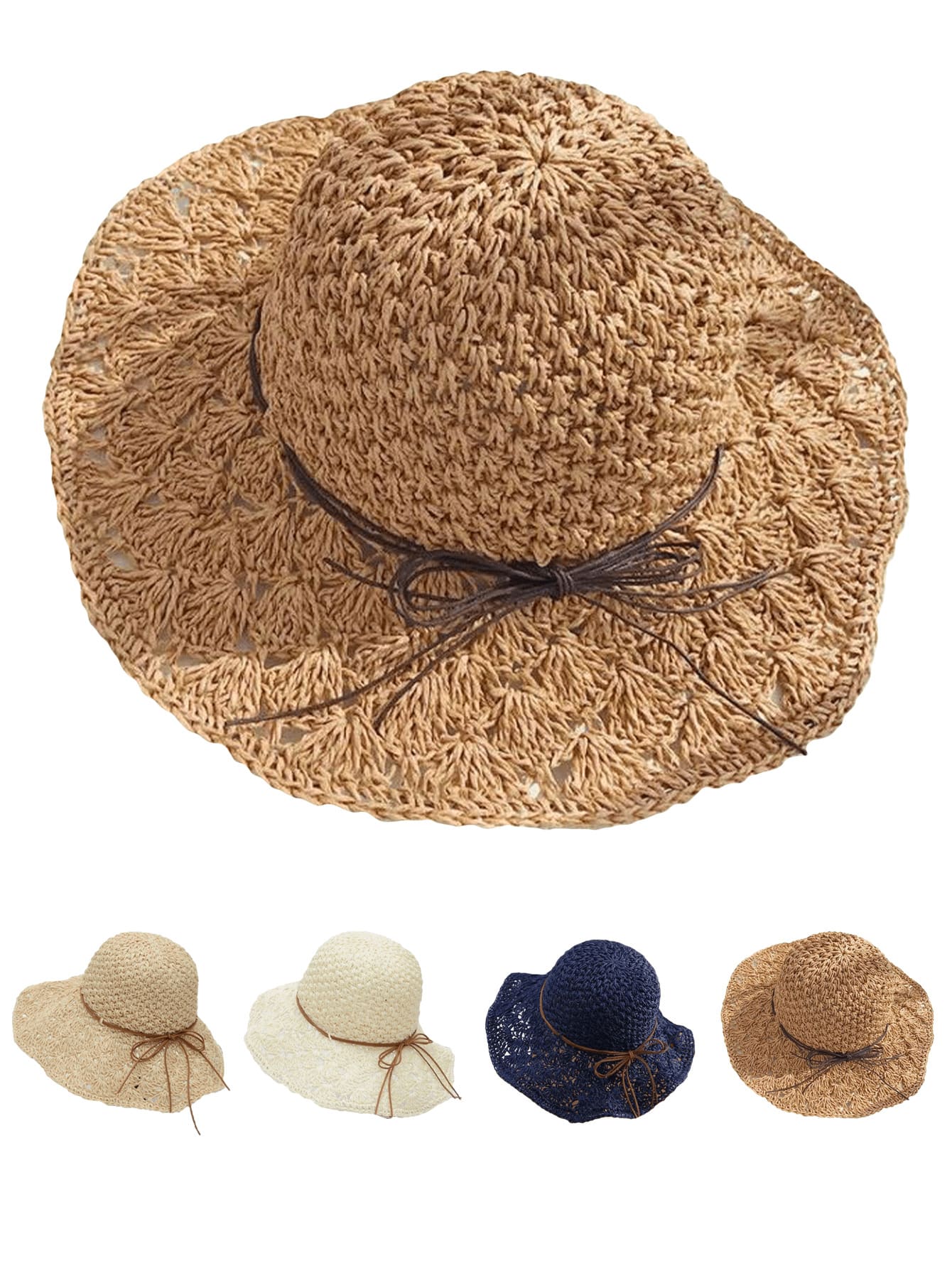 1 pieza Sombrero de paja de moda para mujer, sombrero de verano tejido a mano, ala ancha, estilo coreano, correa con lazo plegable, sombrero protector solar para playa y pesca, accesorio de viaje y vacaciones como regalo