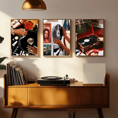 3pcs Art Record Music Posters, Wall Arts, Modern Bedroom Home Decor, For Living Room, Office Backdrop Decoration, Framed