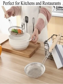 [Ideal For Restaurant] 1pc Stainless Steel Wood Handle Slotted Spoon - Fine Mesh Cooking Strainer, Suitable For Food Prep And Grease Filtration - Perfect For Pasta And Noodles, Stainless Steel Fine Mesh Colander With Wooden Handle - Kitchen Sieve, Suitable For Pasta, Vegetables And More - Rust-Resistant Food Strainer For Home And Restaurant Use, Modern Kitchen Accessory | Rust-Resistant Material, Pasta Colander, Kitchen & Dining, Kitchen Gadgets, Strainers & Ladles, Random Color & Style - Multicolor - View 8