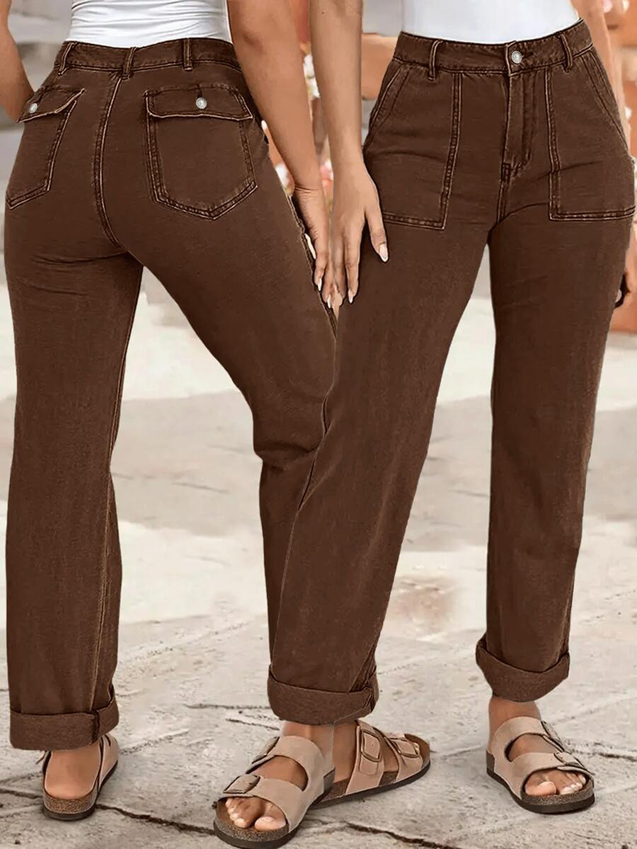 Quần jeans nữ ống đứng cạp trung màu trơn, co giãn, kiểu dáng mới, thích hợp cho mùa thu và xuân. - Cà phê nâu - Xem 1