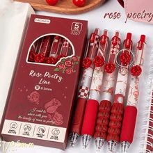 5 支花形滑键式凝胶笔，0.5 毫米速干黑色墨水细头顺滑书写笔，软握，适用于笔记、书写、办公室、学校、情人节礼物、学校用品、返校