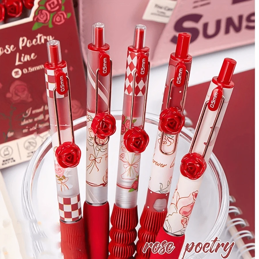 5 支花形滑键式凝胶笔，0.5 毫米速干黑色墨水细头顺滑书写笔，软握，适用于笔记、书写、办公室、学校、情人节礼物、学校用品、返校