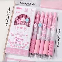 5 支花形滑键式凝胶笔，0.5 毫米速干黑色墨水细头顺滑书写笔，软握，适用于笔记、书写、办公室、学校、情人节礼物、学校用品、返校