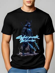 Camiseta de guerrero ciberpunk: Samurái futurista con katana neón - Negro - Ver 3