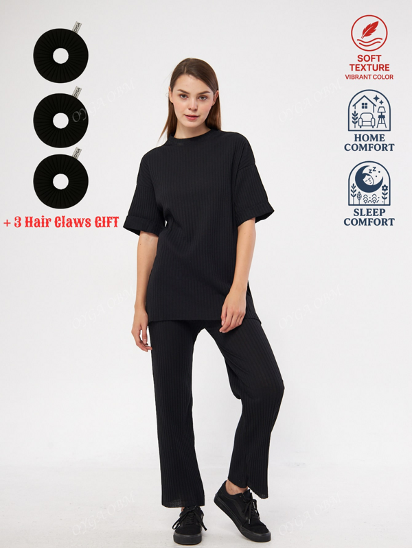 OYGA Dames effen kleur ronde hals lange mouw top en broek casual pyjama set