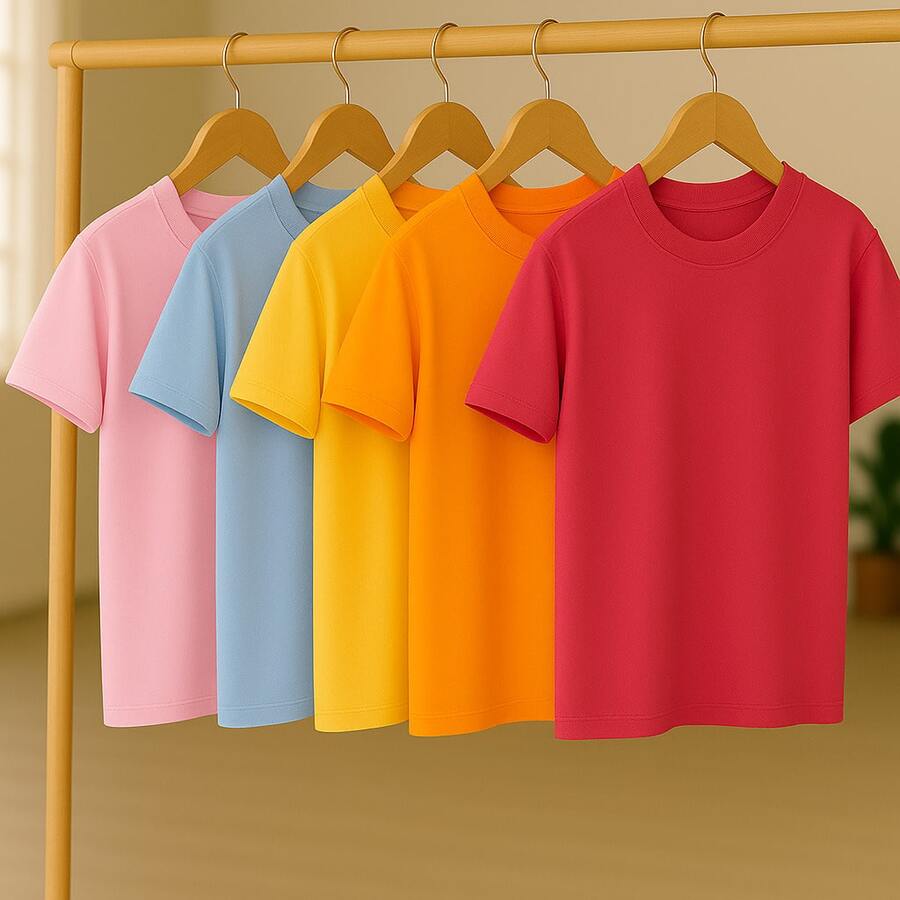 KIT 5 Basic Plain T-Shirts 100% Cotton 30.1 Unisex - Baby Pink + Baby Blue + Orange + Yellow + Pink - View 1