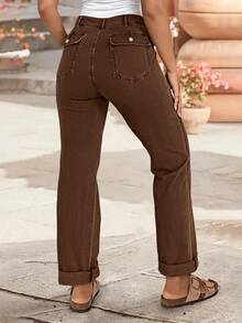 Quần jeans nữ ống đứng cạp trung màu trơn, co giãn, kiểu dáng mới, thích hợp cho mùa thu và xuân. - Cà phê nâu - Xem 3