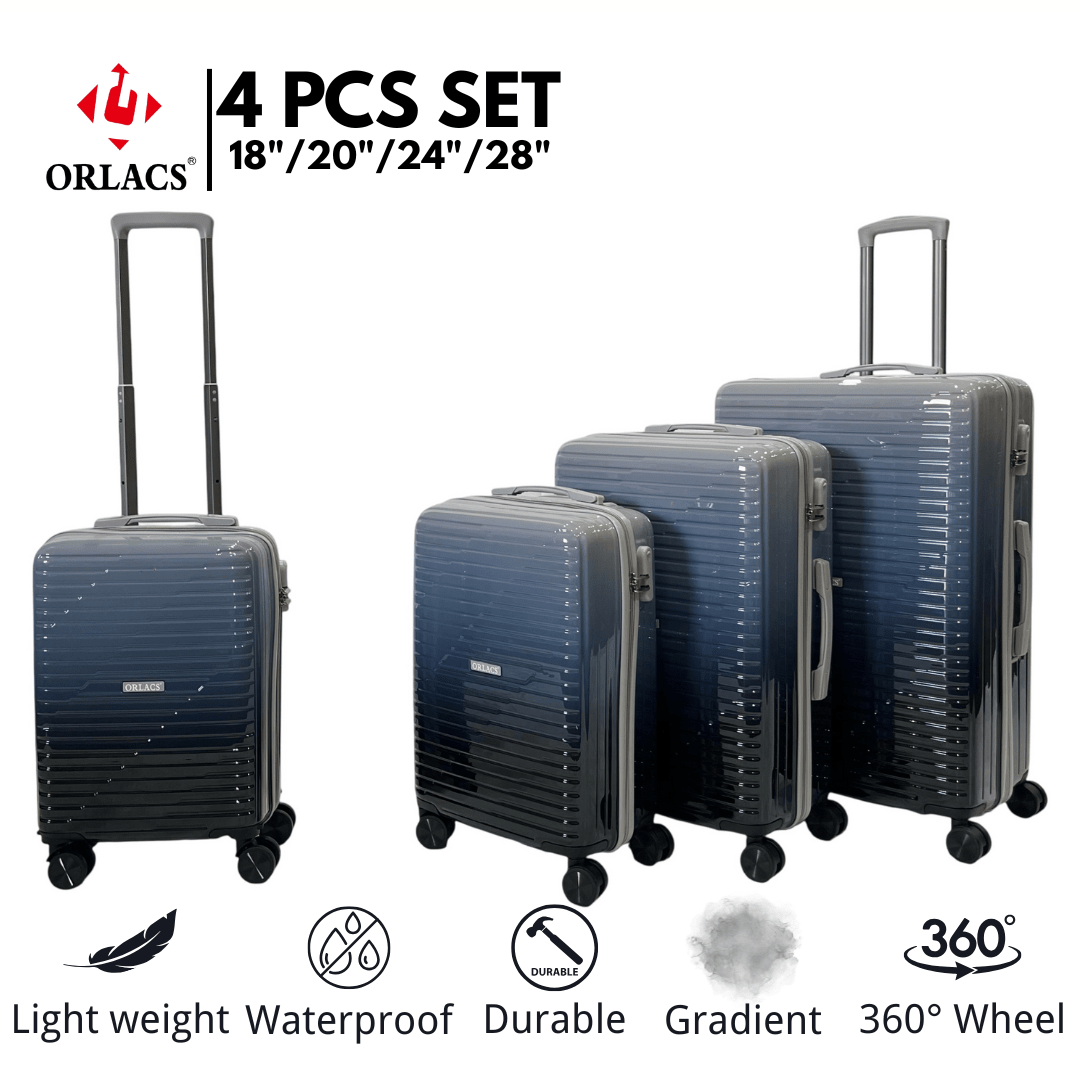 Juego de equipaje ORLACS, set de 4 maletas de 18"+20"+24"+28", material rígido de PC, degradado de color, ligero, cerradura de seguridad, gran capacidad de almacenamiento, ruedas silenciosas universales de 360°, alta calidad, duradero, impermeable, resistente al desgaste y a los arañazos, marca europea, diseño europeo, artículo superior, adecuado para viajes de negocios, esencial para viajes de negocios, traslados, vacaciones, cómodo para viajes familiares, equipaje de mano para aerolíneas, los modelos de 20" y 18" no tienen asa lateral, ruedas giratorias extraíbles de 18", regalo especial, adecuado para hombres y mujeres, disponible en varios colores degradados