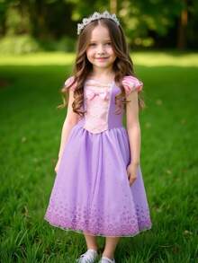 Young Girl Purple Bowknot Net Mesh Princess Dress - Multicolor - View 3