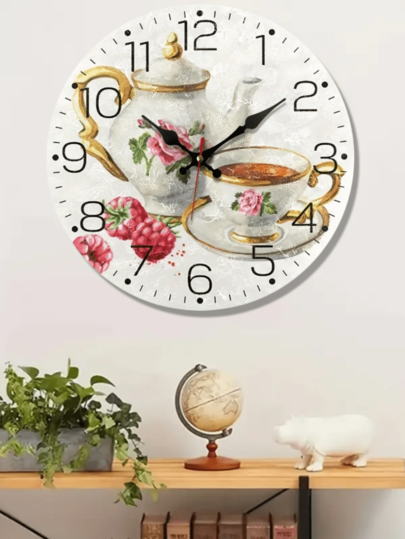 [Creative Wall Clock] Silent Quartz Round Clock, Simple Creative Fashion Wall Clock | Retro Teacup Creative Clock, Wooden, Suitable For Bedroom Living Room Office Kitchen Bathroom Decoration, Battery Powered (Battery Not Included),Home Decor Living Room,Living Room Decor,Wall Decor
