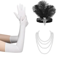 D EXCEED 1/3/4 PCS 20 世纪 20 年代装饰艺术风格轻佻女郎配饰 3 件套 - 仿羽毛头带、仿珍珠项链和手套，适合盖茨比茶会、母亲节、赛马俱乐部和复古主题活动