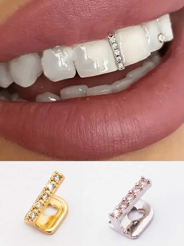 1 Fashionable Single Row Zirconia Tooth Set, Single Diamond Studded Hip-Hop Tooth Set