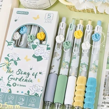 5 支花形滑键式凝胶笔，0.5 毫米速干黑色墨水细头顺滑书写笔，软握，适用于笔记、书写、办公室、学校、情人节礼物、学校用品、返校