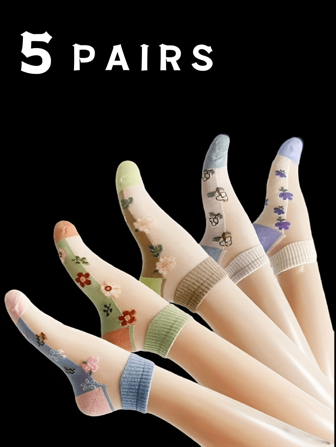 5/10 pares de calcetines finos y transpirables para mujer de estampado floral, cortos, de tul, ligeros, lavables a mano, calcetines de moda con estampado floral, de tela transpirable.
