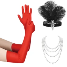 D EXCEED 1/3/4 PCS 20 世纪 20 年代装饰艺术风格轻佻女郎配饰 3 件套 - 仿羽毛头带、仿珍珠项链和手套，适合盖茨比茶会、母亲节、赛马俱乐部和复古主题活动