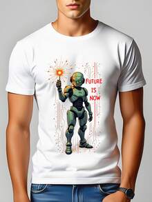 Cyberpunk Robot 'Future Is Now' Glitch Art T-Shirt - Tech Futuristic Tee - White - View 3