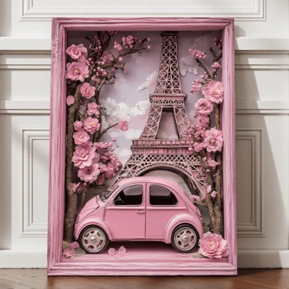 1 Pieza de Arte de Pared de Lienzo Moderno - Póster de la Torre Eiffel con Coche Floral Rosa, Coche Rosa Vintage con Flores de Cerezo, Opción Enmarcada o Sin Marco, Perfecto para el Hogar, Oficina, Cocina, Decoración de Dormitorio | Tema Retro de París, Decoración de Apartamento de Dormitorio Universitario, Hotel, Hogar, Decoración de Pared de Sala de Estar, Regalo