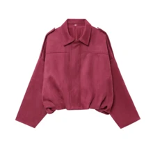 DEEKA Casual Versatile Suede Effect Bomber Jacket For Women, Spring & Autumn - Hot Pink - View 2
