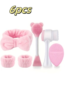 6 件/7 件套洁面套装、深层清洁美容水疗面膜刷套装、柔软天鹅绒头带、发带套装、温和磨砂刷、硅胶面部清洁刷、带洗漱包的便携式女士护肤工具、理想的圣诞礼物、无香型、无需电源/电池
