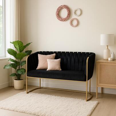  ENTRENUDOS Banca de nudo Terciopelo Negro con Estructura Dorada – Ideal para Sala de Espera o Spa – Elegante y Sofisticada – Decoración Moderna