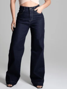 Women's Wide Leg Pants Sawary Elastane Comfortable Premium Original Simple Pocket Zipper Button Daily Winter - 藏蓝色 - 查看 1